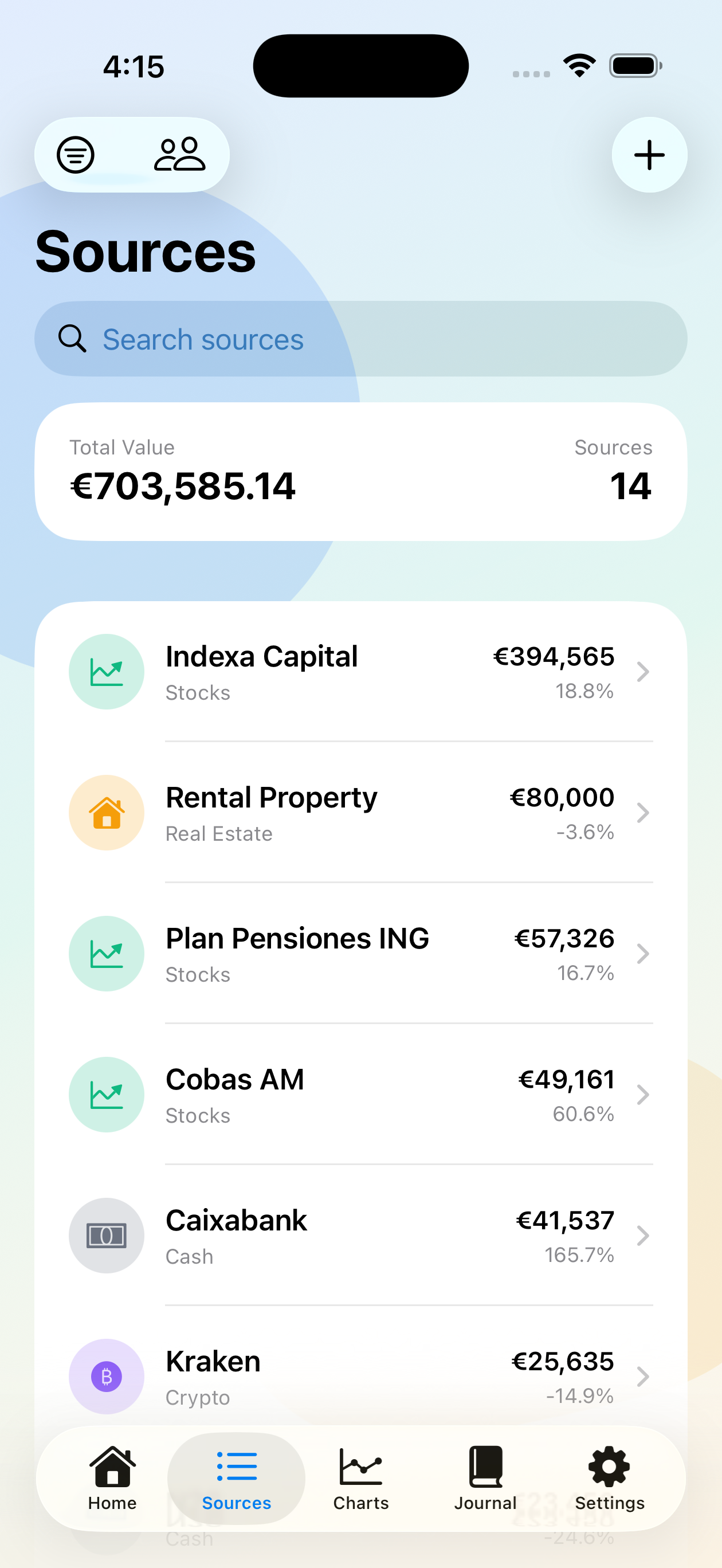Portfolio Journal home dashboard showing total portfolio value and monthly evolution chart
